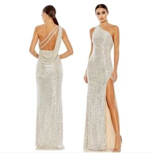 Mac Duggal 26990 Size 8 Sequined One Shoulder Draped Back Gown Silver